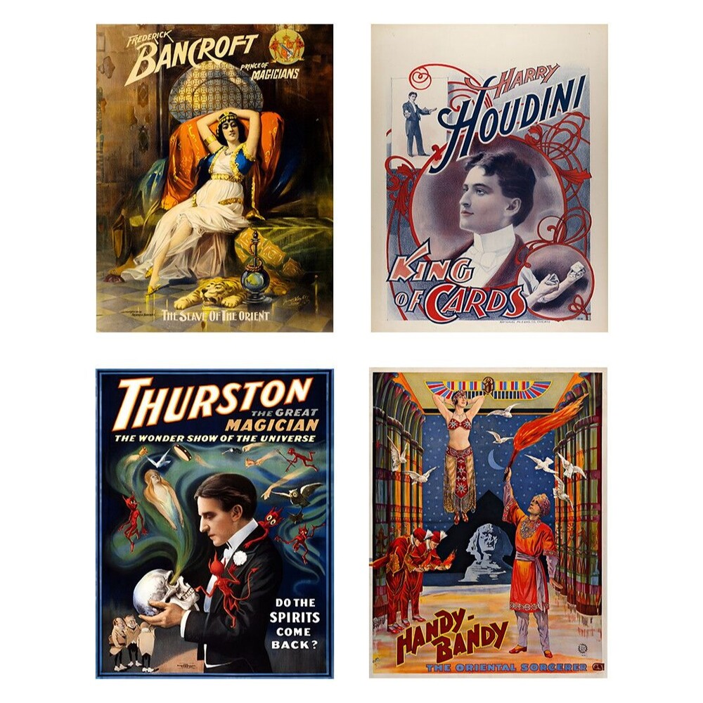 Vintage Magician Posters 8x10 Print Set of 4  Retro Magic Poster Art Collection